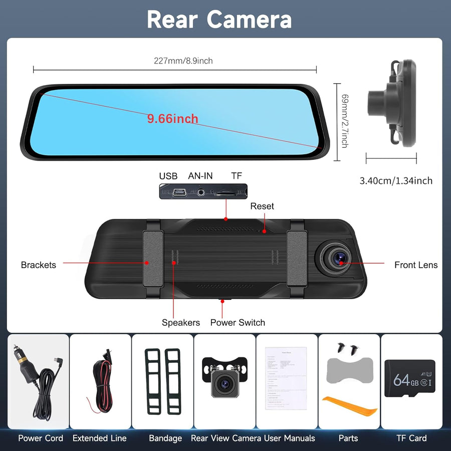 Dashcam Rétroviseur 9.66" 1080P avec 150° Grand Angle, G-Capteur, Enregistrement Boucle, Vision Nocturne, Moniteur Stationnement, Arrière Étanche, avec Carte 64 Go