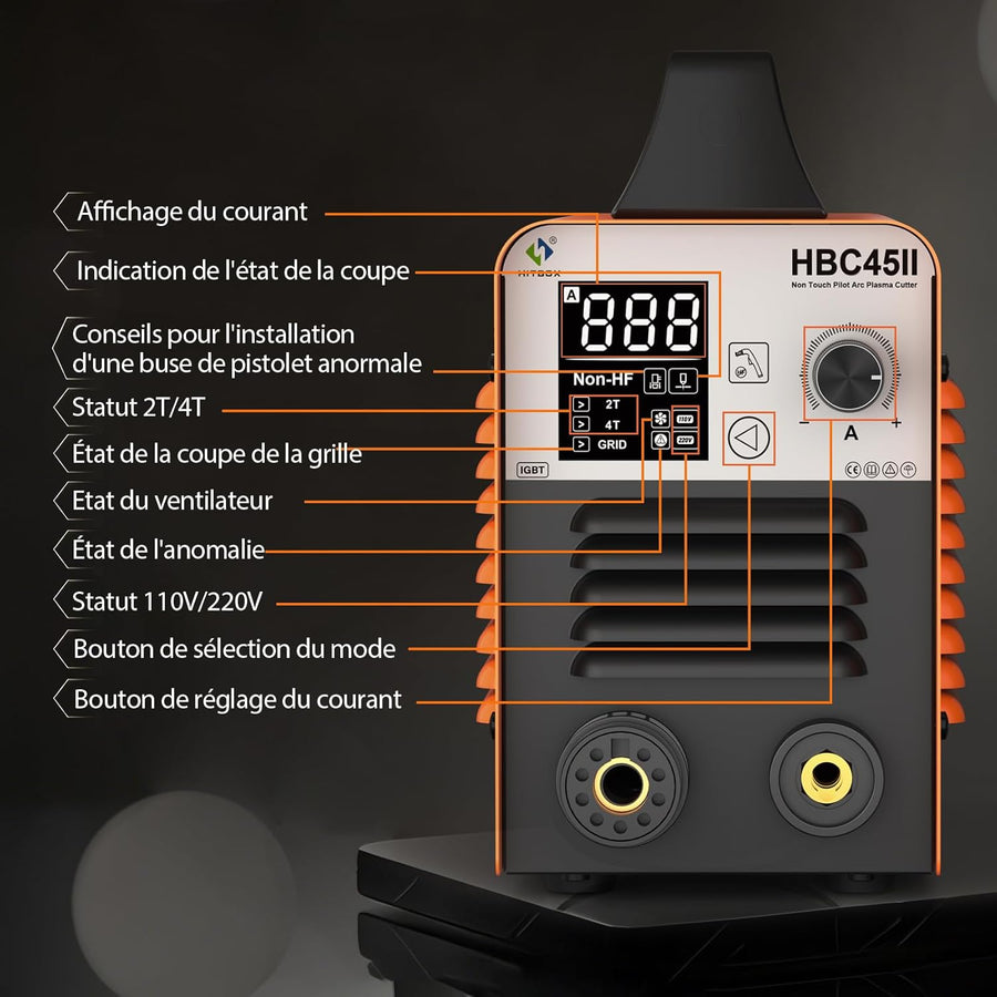 Découpeur Plasma Amélioré 45A, Arc Pilote Non HF, Affichage Numérique LED, IGBT 230V, Coupe en Grille, Max. 15 mm HBC45II