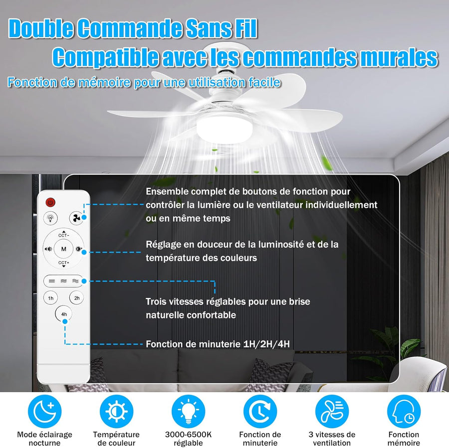 Ventilateur de Plafond avec Lumière et Telecommande, 40W Dimmable LED Douille E27, Lustre Ventilateur de Plafond, 6 Pales,3 Vitesses,Timing