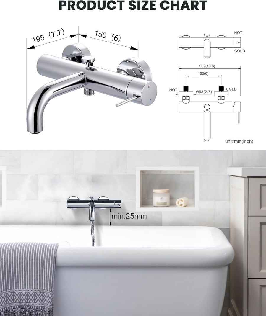 Robinet de baignoire avec douchette, thermostat en cuivre, mitigeur M24 à économie d'eau avec tuyau de douche de 150 cm