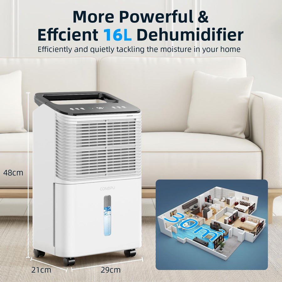Déshumidificateur d'Air 16L/jour Ultra-silencieux, Contrôle Central Intelligent, Mode AUTO, Indicateur d'humidité, Minuterie 24H, Plus Puissant, Plus Efficace
