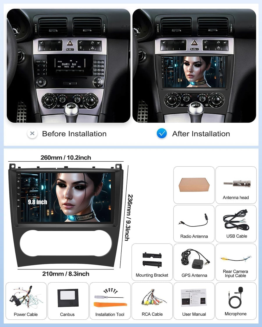 Autoradio 4Go+64Go pour Mercedes Benz Classe C W203,W209 C180, C200(2005-2009),Wireless Carplay Android Auto, 9 Pouces 2 Din Bluetooth 5.0/GPS/WiFi /32EQ DSP+MIC
