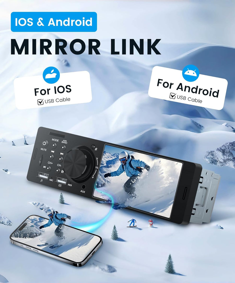 Autoradio Carplay 1 Din avec Android Auto iOS/Android Mirror Link 4 Pouces Écran Tactile Autoradio avec Bluetooth FM/RDS Radio USB/AUX/EQ/DVR Commande au Volant Caméra de Recul