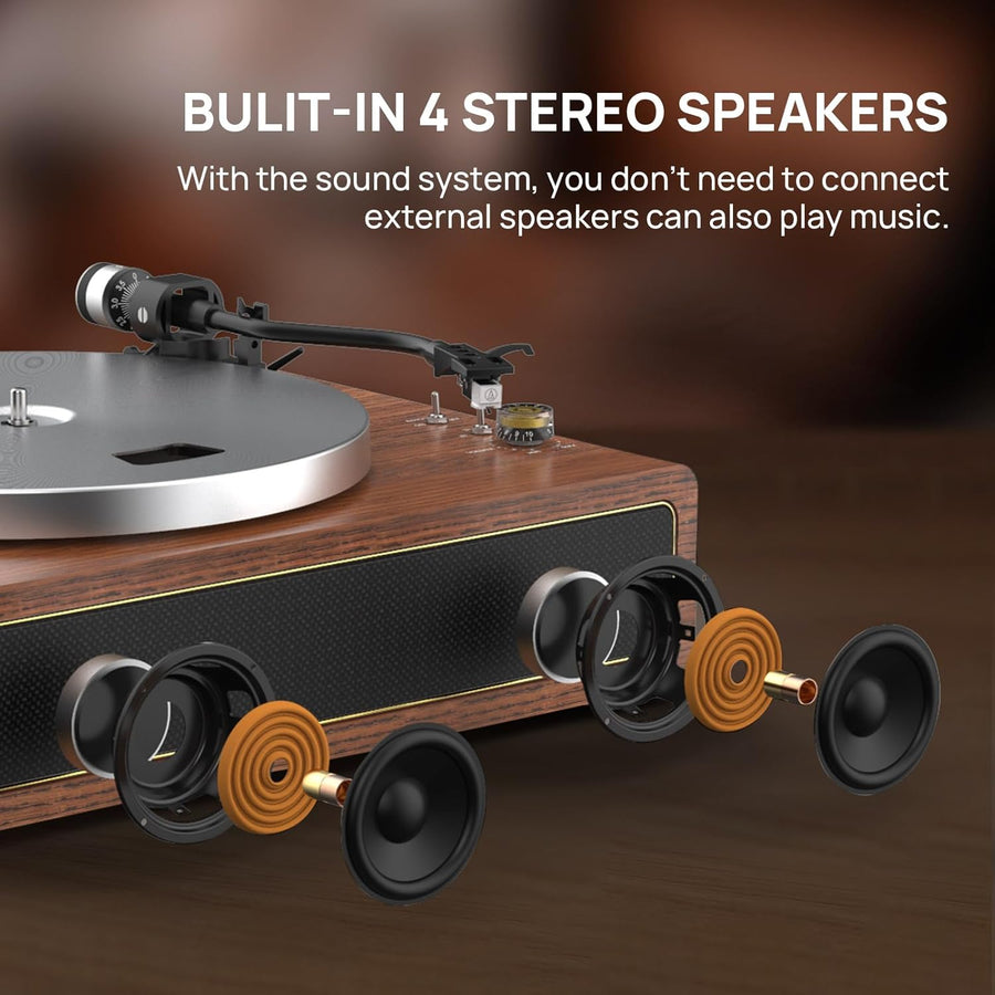 Tourne-disque Haut-parleurs intégrés vinyle tout-en-un prenant en charge la lecture Bluetooth, l'arrêt automatique, la vitesse de 33 et 45 tr/min, la sortie ligne RCA, entrée AUX