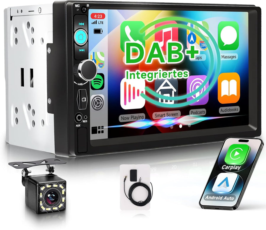 Autoradio CarPlay sans Fil Dab/Dab+ Android Auto, Radio FM 1 Din, écran Tactile IPS 7", égaliseur, USB/TF/AUX, autoradio Bluetooth avec caméra de recul/Commande au Volant