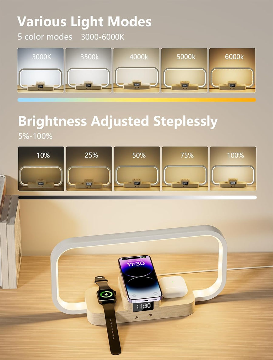 Lampe de Chevet avec Chargeur sans Fil & Port USB, Lampe Table Dimmable 5 Couleurs à Commande Tactile, Station de Charge pour AirPods, Montre & Smartphone