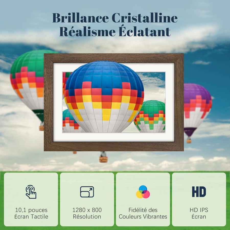 Cadre Photo Numérique WiFi 10.1 Pouces Noyer Bois Mémoire 32 Go, Écran Tactile HD IPS 1280 x 800, Auto-Rotation, Partage de Photos Vidéos Via Frameo APP/USB/SD