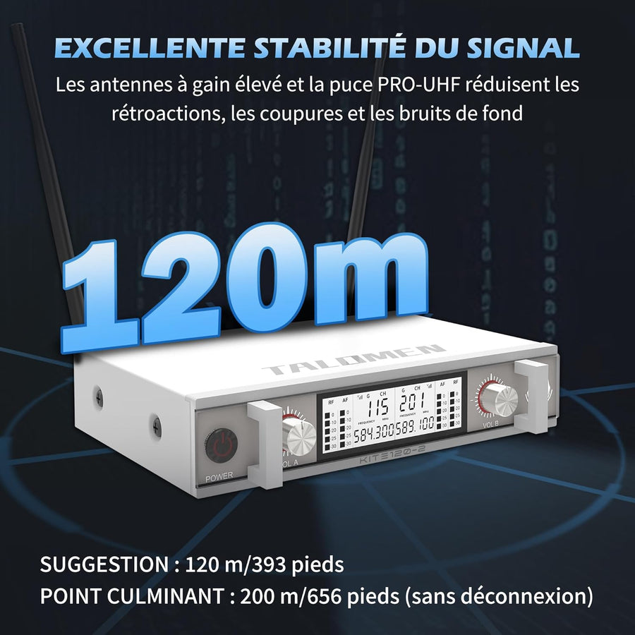 Kit Micro sans Fil UHF Modèle K120 avec 2 Micro Dynamiques en Métal Auto Scan Portée 120m Récepteur Double Canal Idéal pour Chant, Karaoke, Fête BLANC