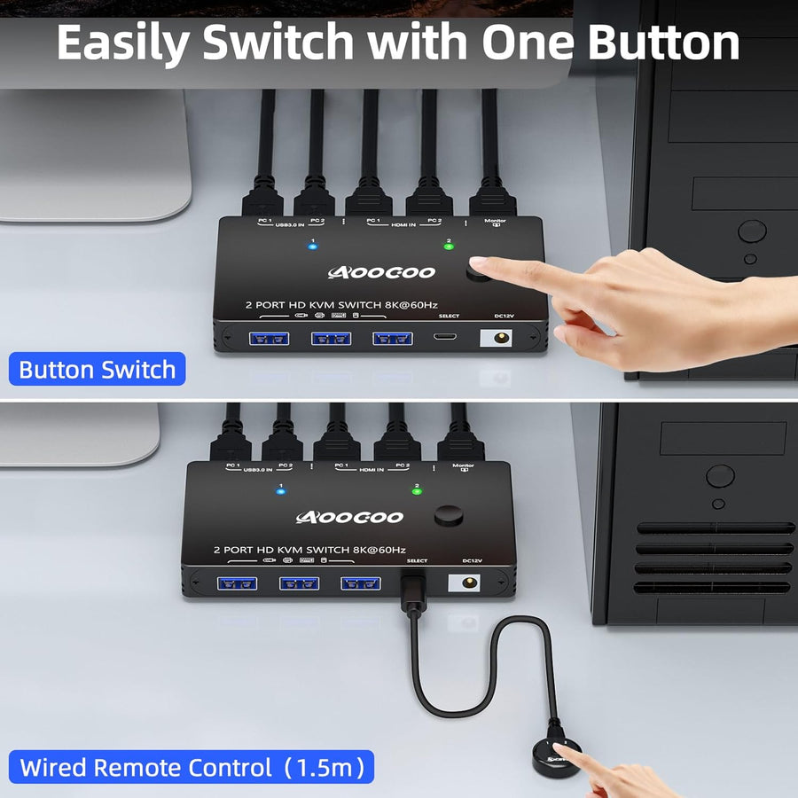 Commutateur KVM 2 ordinateurs 1 moniteur 8K à 60 Hz/4K à 120 Hz Commutateurs KVM HDMI Télécommande filaire, alimentation et câble USB 3.0 inclus