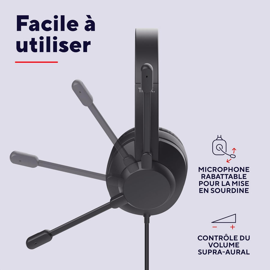 Trust Roha II Max Casque USB avec Micro Over Ear, Câble 1,8 m, 85% Plastiques Recyclés, Casque Audio PC Filaire USB-C pour Ordinateur Portable Bureau Teletravail Chat Zoom Teams NOIR