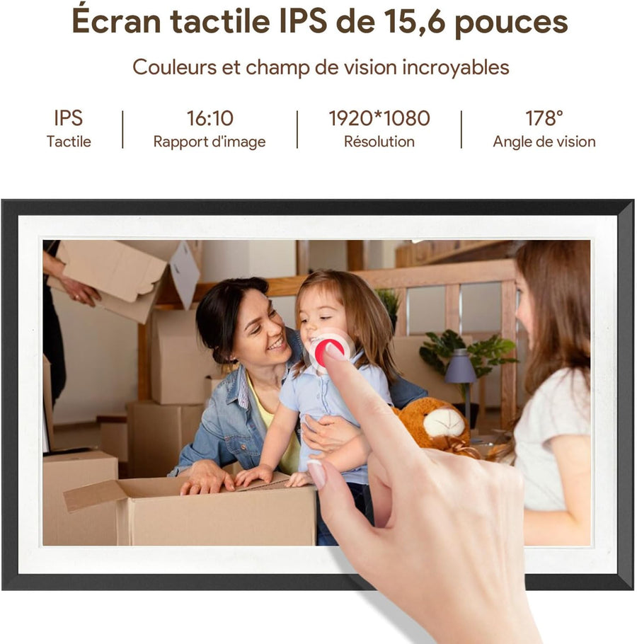 Cadre photo numérique WiFi de 15,6 pouces, cadre photo numérique intelligent, grande capacité de 32 Go, écran tactile HD IPS, rotation automatique, partagez des photos/vidéos instantanément
