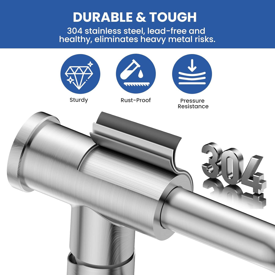 Mitigeur Robinet Cuisine - Robinetterie Evier Escamotable avec Douchette,Pivotant à 360,Deux Types de Jet d'eau,Acier Inoxydable,Forme en L Monolevier pour 1 Trou,Hauteur 27,3 cm NICKEL