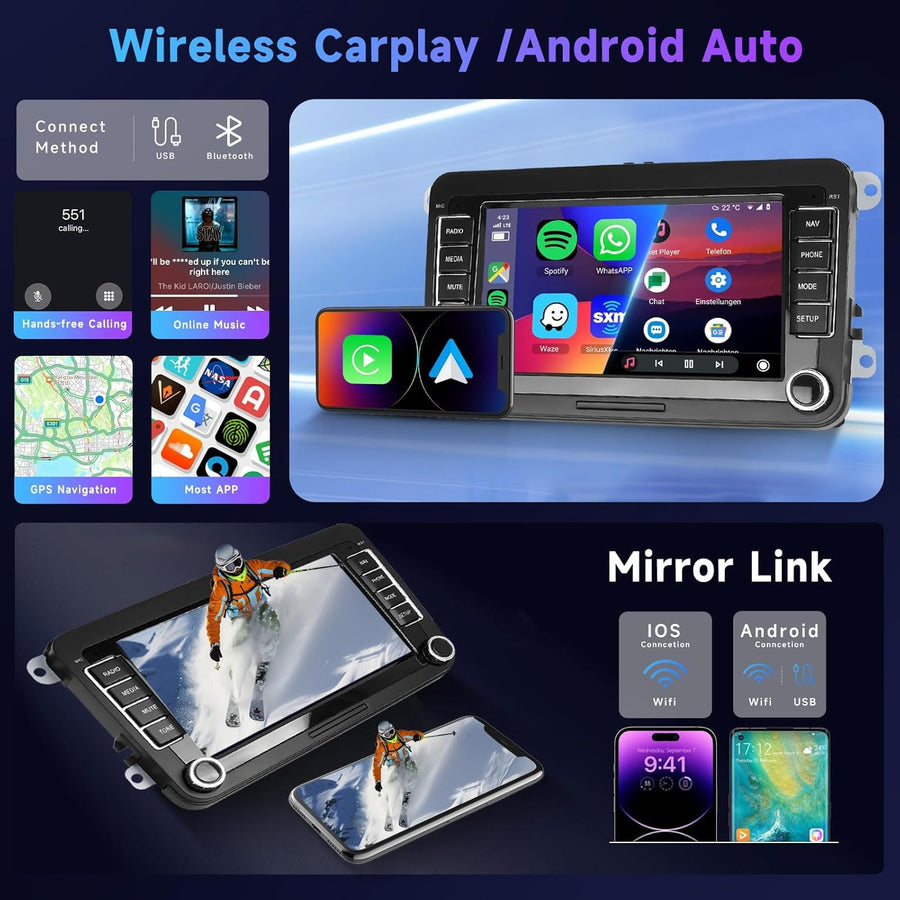 Autoradio 7" Bluetooth pour VW Golf 5 6 Polo Passat Skoda Touran Seat Carplay sans Fil Android Auto, WiFi GPS Navi HiFi RDS/Radio FM 2 DIN avec caméra de recul AHD/DVR/Canbus
