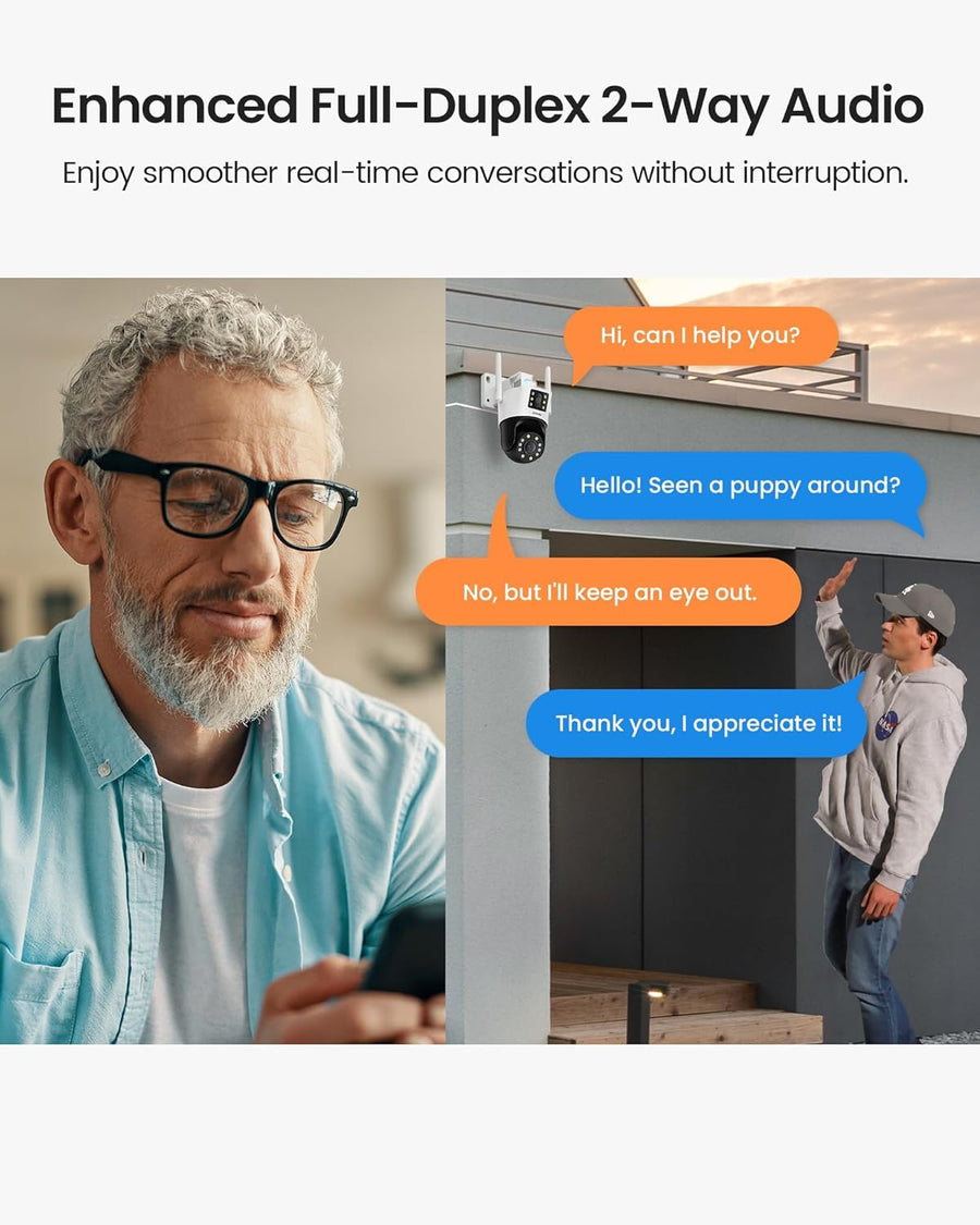 Caméra Surveillance WiFi avec Double Objectif 2MP+2MP, Caméra Motorisée Extérieure, 360° Vue Détection Humaine/Véhicule, Audio Bidirectionnel, Sirène Alarme, Vision Nocturne en Couleur