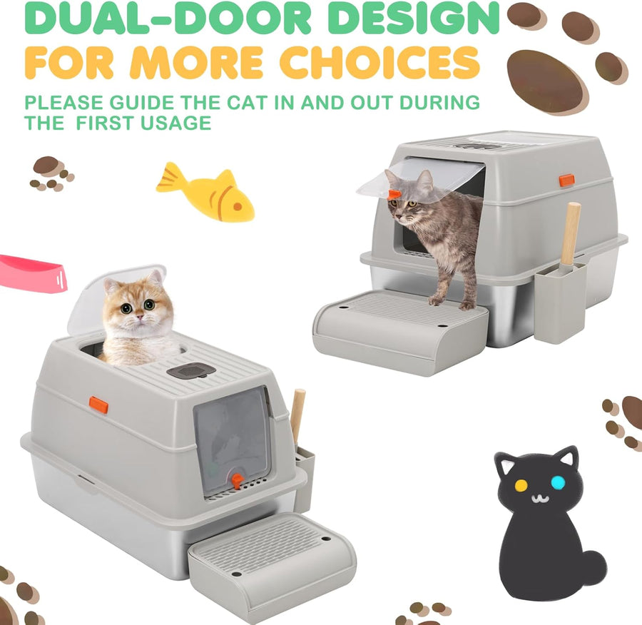 Bac à Litière pour Chat en Acier Inoxydable,Bac à Litière Fermé pour Chat avec Pelle et Pédale,Litière Haute en avec Couvercle,Caisse Litiere pour Chats avec Double Entrée Plateau Amovible