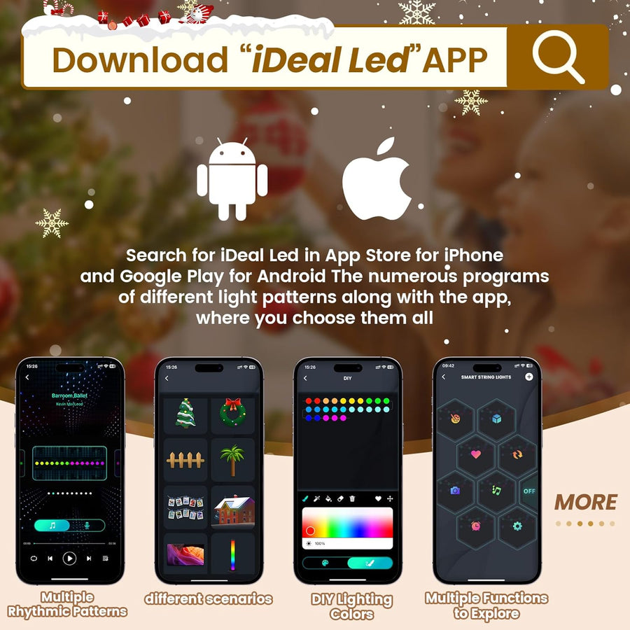 Guirlande Lumineuse Sapin de Noel, 200 LED Guirlande Lumineuse de NoëL Anneau avec Application, 2M*10 Rideau Lumineux Sapin de Noel pour Décoration de 1.5m-2.5m Sapin de Noël