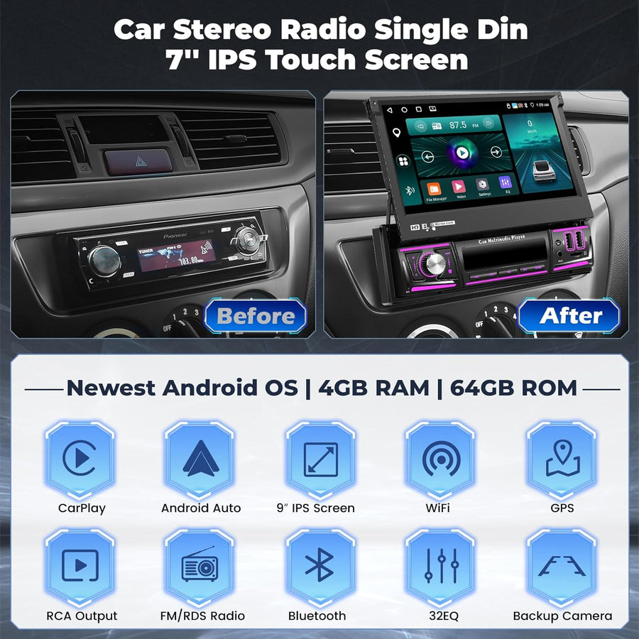 Autoradio 1DIN 4G+64G Android 15 avec écran Rétractable de 7 Pouces, écran Tactile IPS avec CarPlay sans Fil Android Auto GPS WiFi AI DSP FM/RDS Radio USB BT Caméra de Recul + MIC