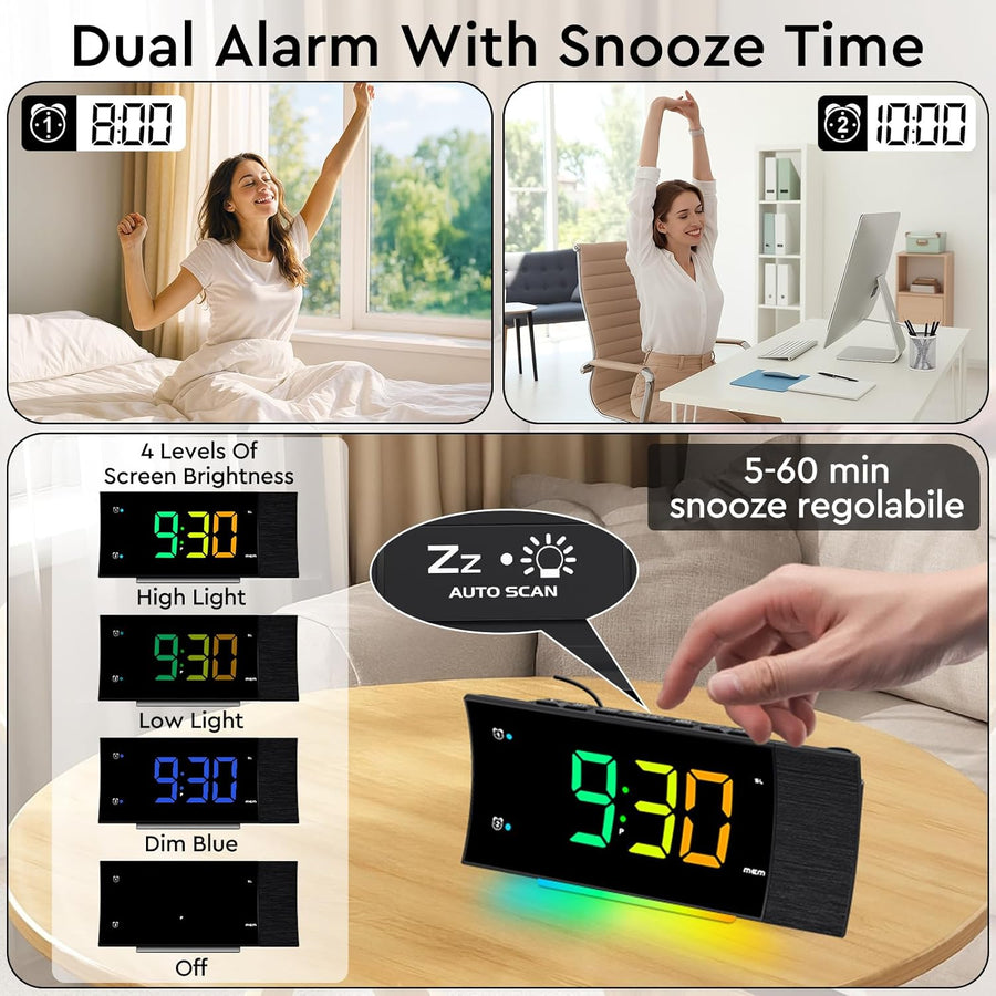 Radio Reveil Projecteur Plafond 180° FM Numérique, Grand Écran LED, Chargeur USB, Double Alarme, 12/24H, Snooze, Horloge Projection Plafond