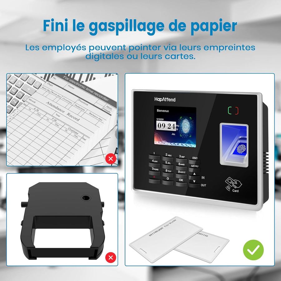 Pointeuse Horaire Personnel Francais Empreinte Digitale Badgeuse Badge Carte Employés Petites Entreprises jusquà 1000 utilisateurs sans WiFi 0 Frais Mensuels Scan