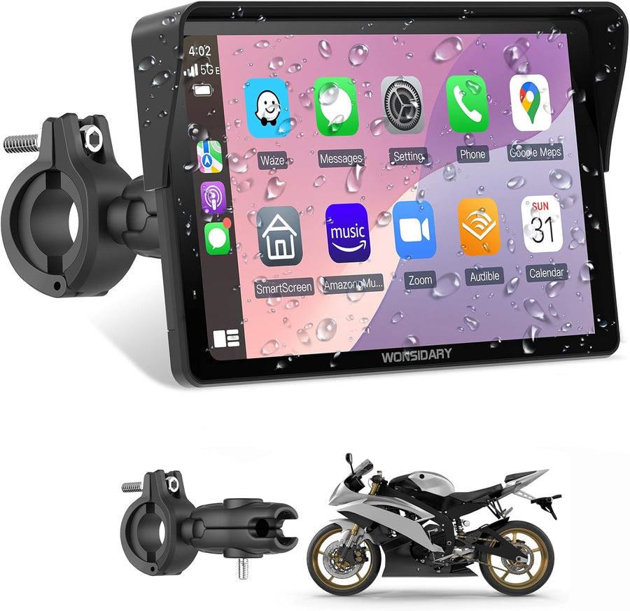 Écran Carplay Moto 7 Pouces,Carplay sans Fil & Android Auto pour Moto,Navigation GPS Moto Étanche IP67 Écran Tactile Étanche,Audio BT, EQ Assistant Vocaux