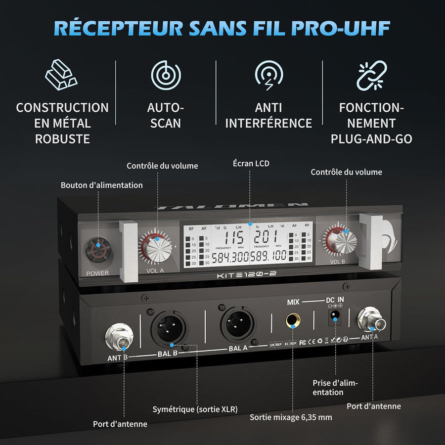 Micro sans Fil UHF, Set de 2 Microphones à Main Dynamiques en Métal, Auto Scan, Portée 120 m, Récepteur Double Canal, Idéal pour Chant, Karaoke, Fête, DJ, Église – K120 NOIR