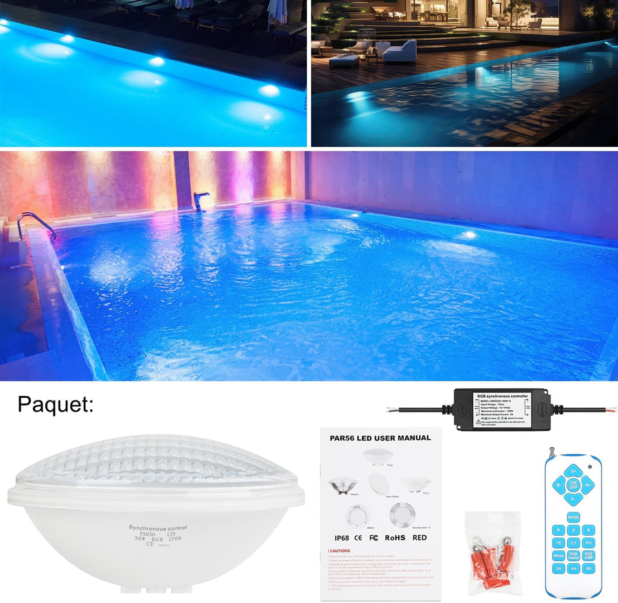 Eclairage LED Piscine PAR56, 36W Projecteur Piscine RGBW Multicolore Synchroniseur Externe avec Télécommande IP68, AC 12V