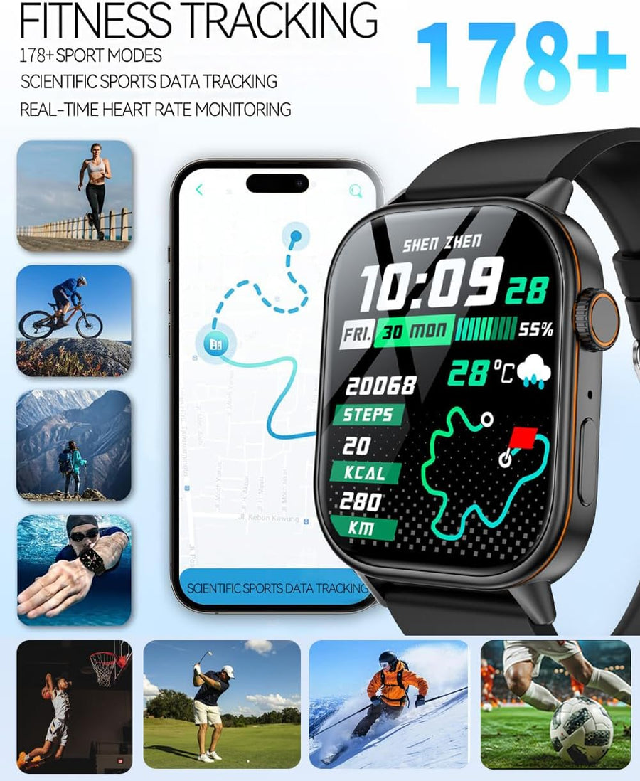 martwatch Hommes 2,01'' HD Montre Fitness avec GPS IP68 Montre Sport étanche 178+ Modes de Sport Moniteur Sommeil fréquence Cardiaque Tracker Fitness pour Android iOS