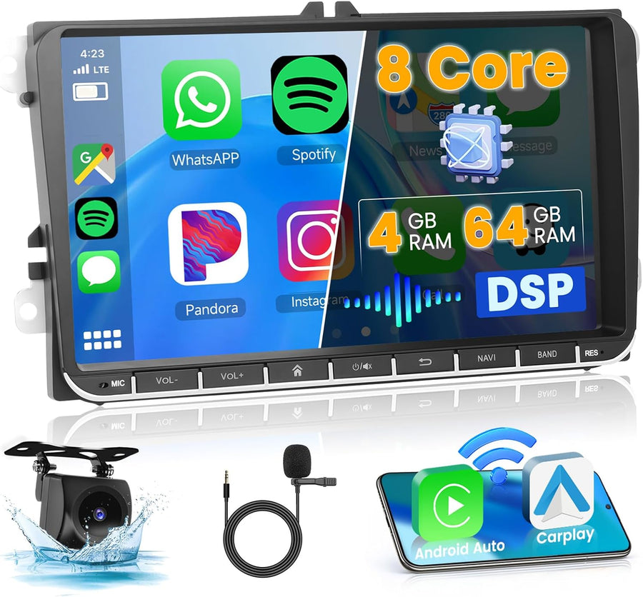 Autoradio 8-Core/4G+64G/DSP Android 15 pour VW Golf 5 Golf 6 Passat Tiguan Polo T5 Transporter Seat Leon avec sans Fil CarPlay Android Auto, 9" écran Tactile avec BT GPS WiFi RDS FM USB+CAM