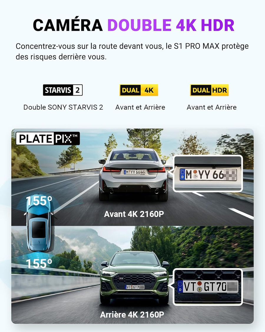 Dashcam Voiture S1 Pro Max 4K+4K Starvis 2 Avant et Arrière, Caméra embarquée 5G Wi-FI Dash Cam GPS 360° HDR Tampon Surveillance de stationnement,Contrôle Vocal Français,LTE en Option Max 1To