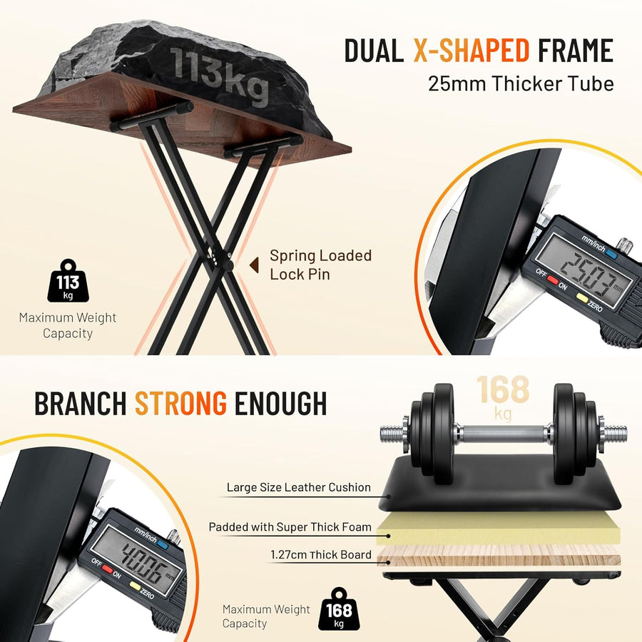 Support de clavier et banc de clavier - 6 niveaux réglables en hauteur - Double X-Frame - Pour clavier de 61, 76 et 88 touches - Charge maximale : 168 kg