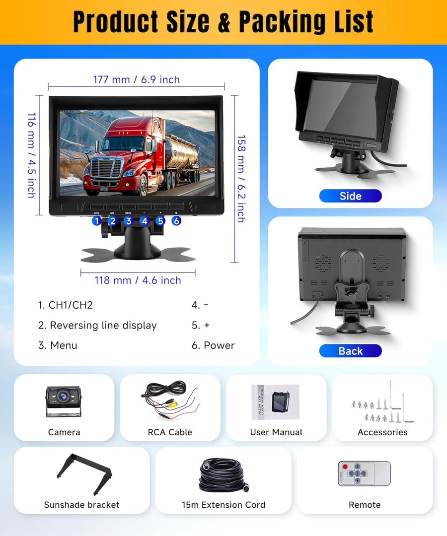 Caméra de recul 1080P avec écran IPS 7 Pouces,kit d'aide au stationnement,1024 x 600,IP69 AHD Vision Nocturne pour SUV, camionnette, Camping-Car, avec Pare-Soleil, câble de 15 m, 12-24 V