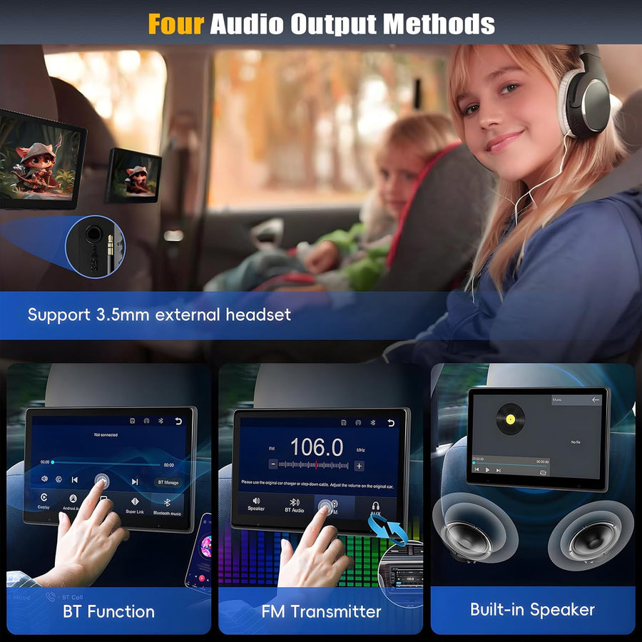 Moniteur D'appuie-tête 10.1 Pouces avec Carplay sans Fil Android Auto, écran Tactile IPS HD Display avec Bluetooth Airplay Super Link Commande Vocale Transmission FM +Carte TF 64G