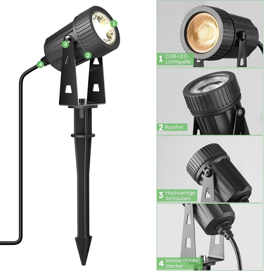 Lot de x4 éclairage de jardin LED, chaud blanc 3200K LED éclairage, IP65 éclairage étanche extérieur avec lampe de pointe pour extérieur jardin gazon décoratif