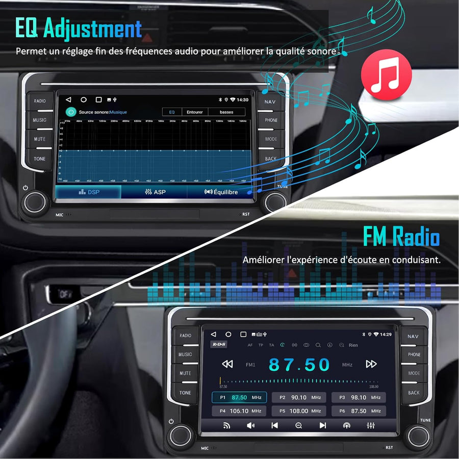 Autoradio 2DIN, 7" Radio Voiture pour VW Golf, Passat, Seat, Touran, Skoda, CarPlay & Android Auto, Commandes au Volant, Écran Tactile & Boutons Physiques, EQ, FM, GPS Navigation, MirrorLink