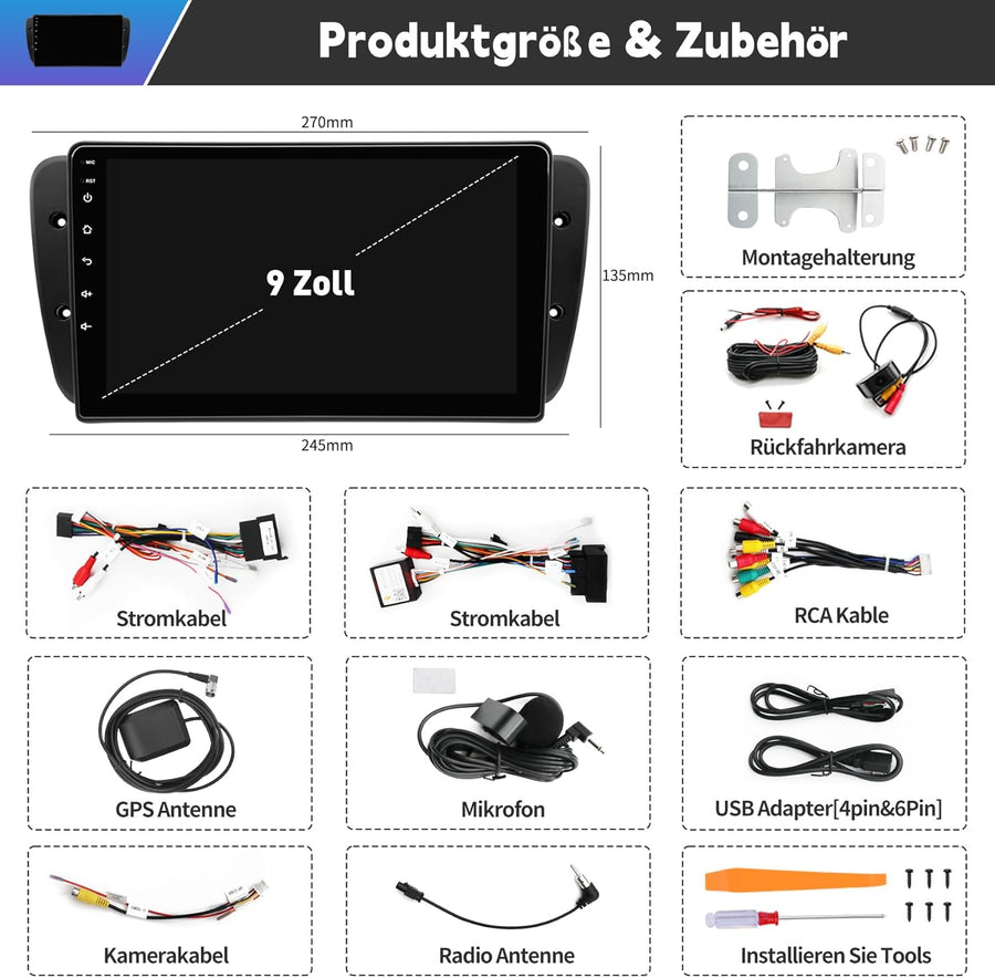 Autoradio pour Seat Ibiza 6J 2009–2013 | Écran Tactile Android 13 de 9 Pouces | CarPlay/Android Auto sans Fil | Navigation GPS + Caméra de recul HD | 2G+64G | BT 5.0/Wi-FI/Contrôle Vocal