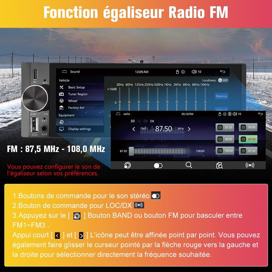 Autoradio 1 DIN avec Écran Tactile HD 6,36" | CarPlay & Android Auto sans Fil | Bluetooth 5.0 | FM | USB Type-C | Commande Vocale | Compatible Caméra de Recul