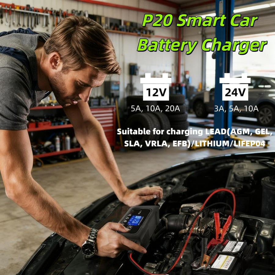 Chargeur et mainteneur de Batterie Intelligent 12V/24V 20A, Chargeur P20 4 Modes Lithium/AGM/Plomb-Acide/LiFePO4 avec écran LCD et réparation par impulsions, pour Voitures, Motos et Bateaux
