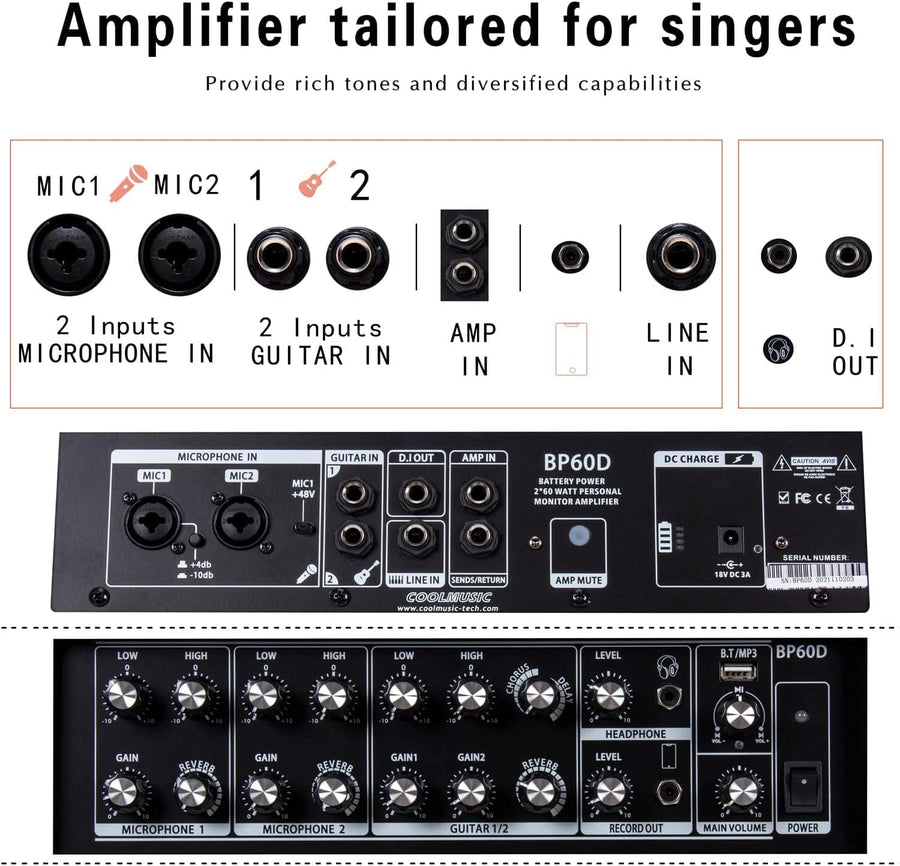 Amplificateur 2x60W Guitare Acoustique Haut-parleur Bluetooth Portable Effet Reverb Chorus Delay 7 Entrées