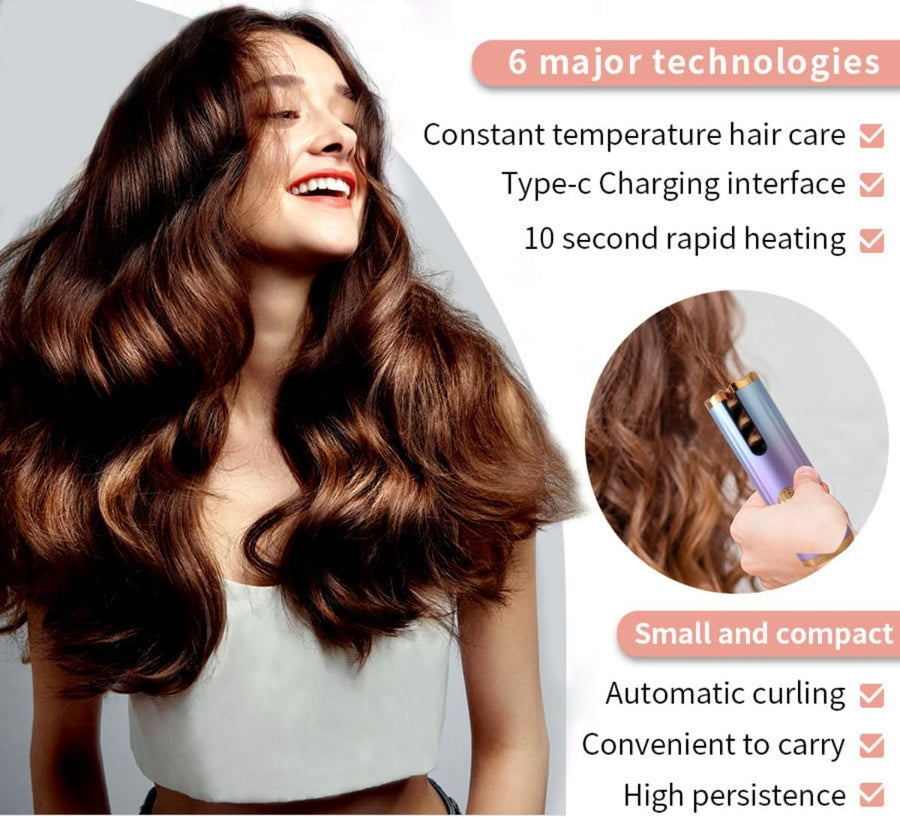 Fer A Boucler Automatique Boucleur à Cheveux Sans Fil Rechargeable Anti-Brûlures avec Minuteur et 6 Température