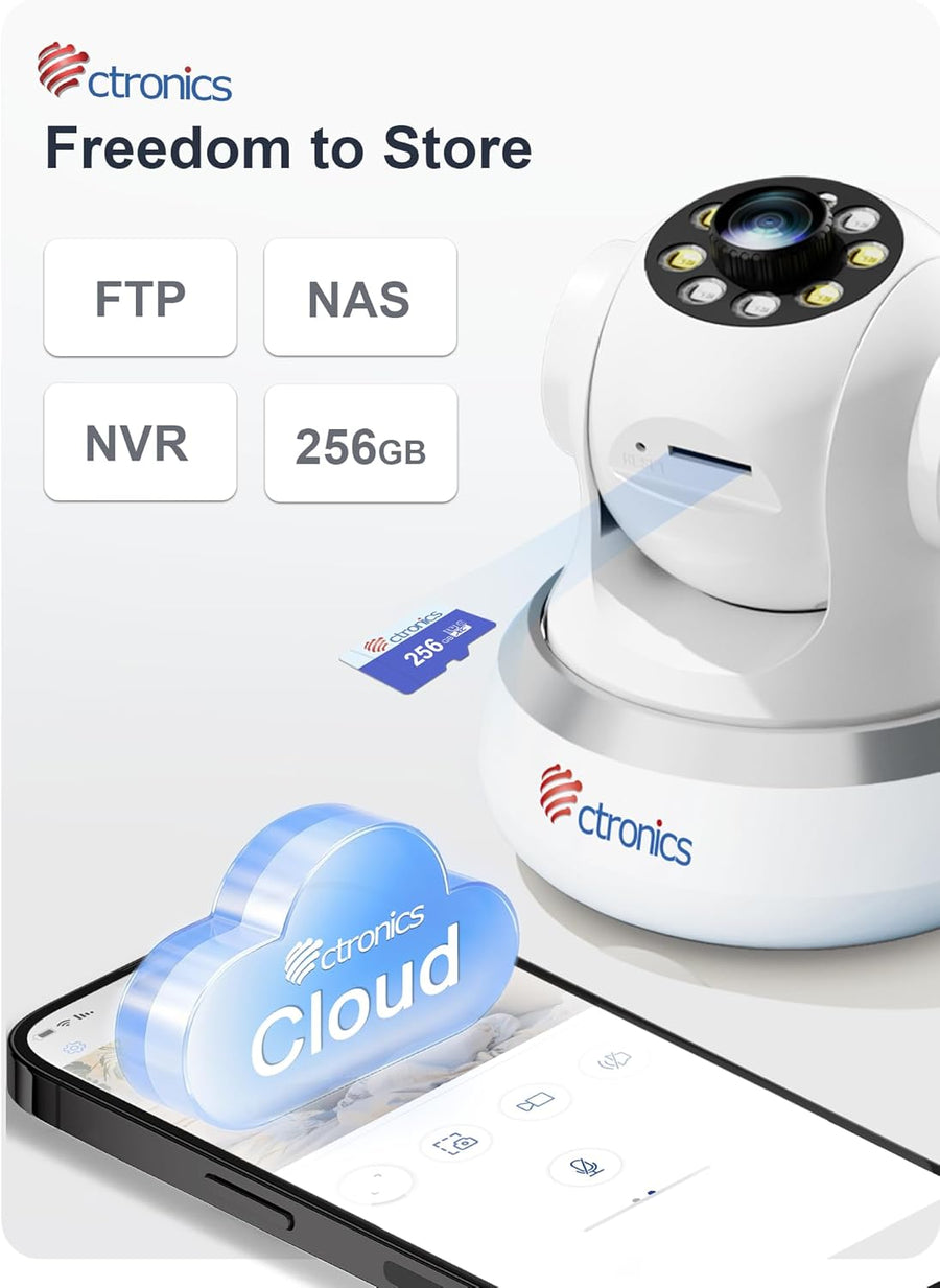 Ctronics 4K Caméra Intérieure, 5G/2,4Hz Wi-FI, Suivi Automatique, Vision Nocturne Couleur, Alarme Sonore et Lumineuse, 8 Positions Préconfigurées, App & PC, Cloud/256GB TF/FTP