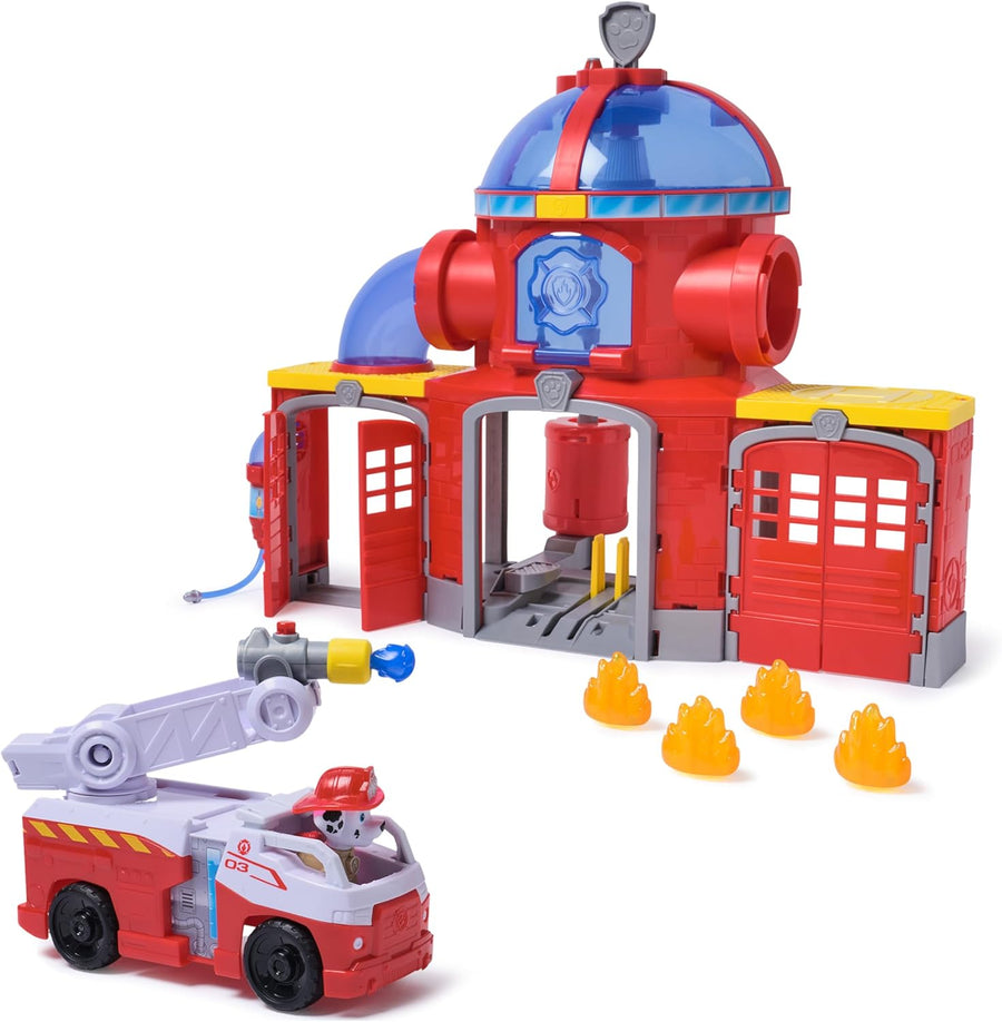 PAW Patrol - Pat Patrouille - Caserne De Pompiers Fire Rescue - Voiture Figurine Marcus À Collectionner - Effets Sonores Et Lumineux - Pat Patrouille Jouet - Voiture Enfant