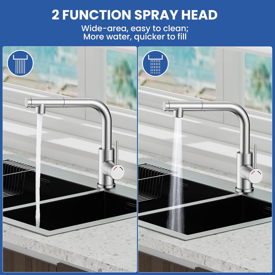 Mitigeur Robinet Cuisine - Robinetterie Evier Escamotable avec Douchette,Pivotant à 360,Deux Types de Jet d'eau,Acier Inoxydable,Forme en L Monolevier pour 1 Trou,Hauteur 27,3 cm NICKEL