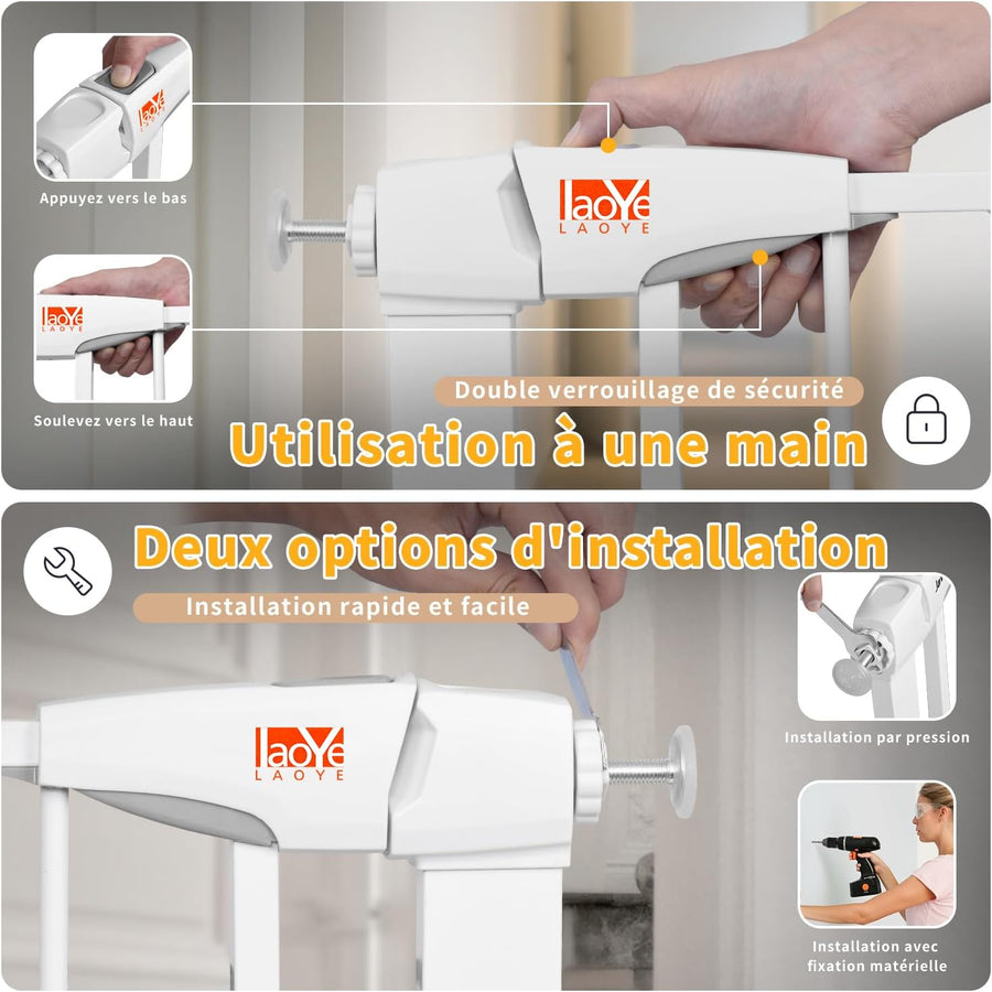 Barriere de Securite Enfant, sans perçage, Extra Haute, 92 cm de Hauteur, 75 à 124 cm de Large, avec 3 rallonges, pour Enfants, Chiens et Chats, Fermeture Automatique et arrêt à 90° BLANC