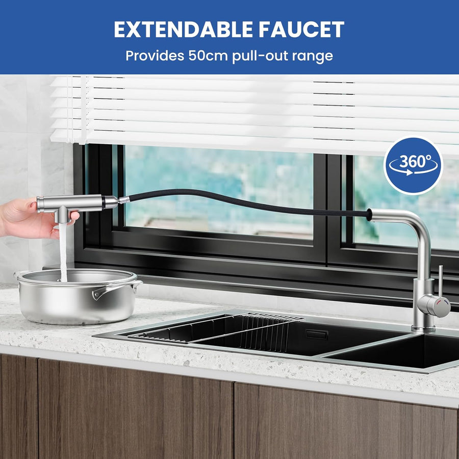 Mitigeur Robinet Cuisine - Robinetterie Evier Escamotable avec Douchette,Pivotant à 360,Deux Types de Jet d'eau,Acier Inoxydable,Forme en L Monolevier pour 1 Trou,Hauteur 27,3 cm NICKEL