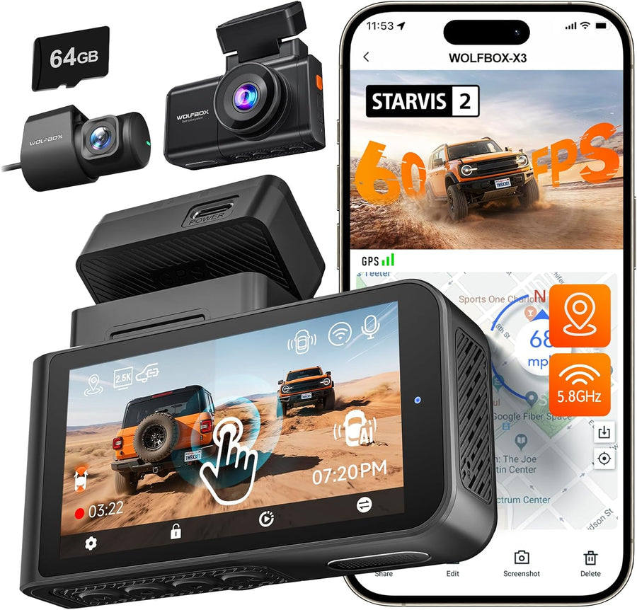 Dashcam Caméra embarquée 2,5 K 60 FPS 2,5 K + 1080P double caméra embarquée pour voiture avant arrière 5,8 GHz intégrée WiFi & GPS Carte 64 Go Écran tactile Capteur G Enregistrement