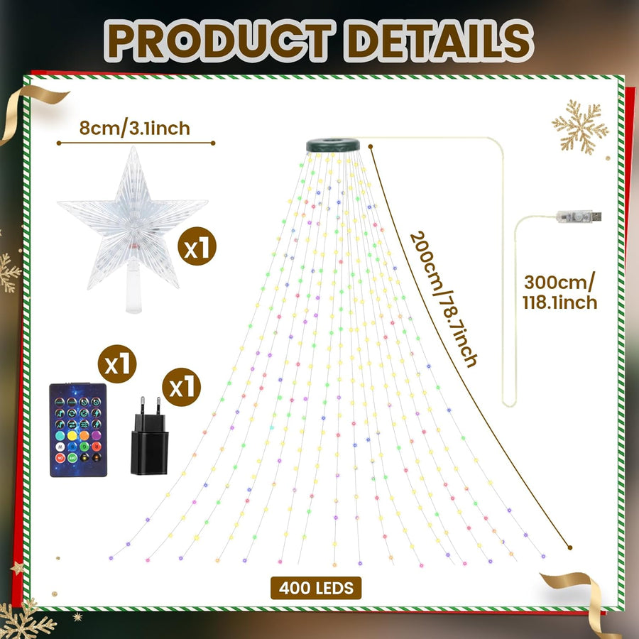 Guirlande Lumineuse Sapin de Noel, 200 LED Guirlande Lumineuse de NoëL Anneau avec Application, 2M*10 Rideau Lumineux Sapin de Noel pour Décoration de 1.5m-2.5m Sapin de Noël