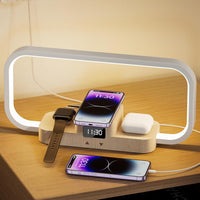 Lampe de Chevet avec Chargeur sans Fil & Port USB, Lampe Table Dimmable 5 Couleurs à Commande Tactile, Station de Charge pour AirPods, Montre & Smartphone