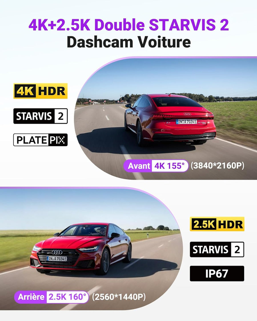 Dashcam Voiture S1 Pro Max 4K+2.5K Starvis 2 Avant et Arrière, Caméra embarquée 5G Wi-FI Dash Cam GPS 360°HDR Tampon Surveillance de stationnement,Contrôle Vocal FrançaisLTE en Option Max 1To