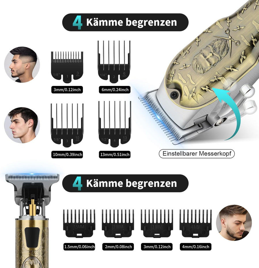 Kit tondeuse à cheveux et tondeuse à barbe, rechargeable par USB, avec 8 peignes guides et écran LED