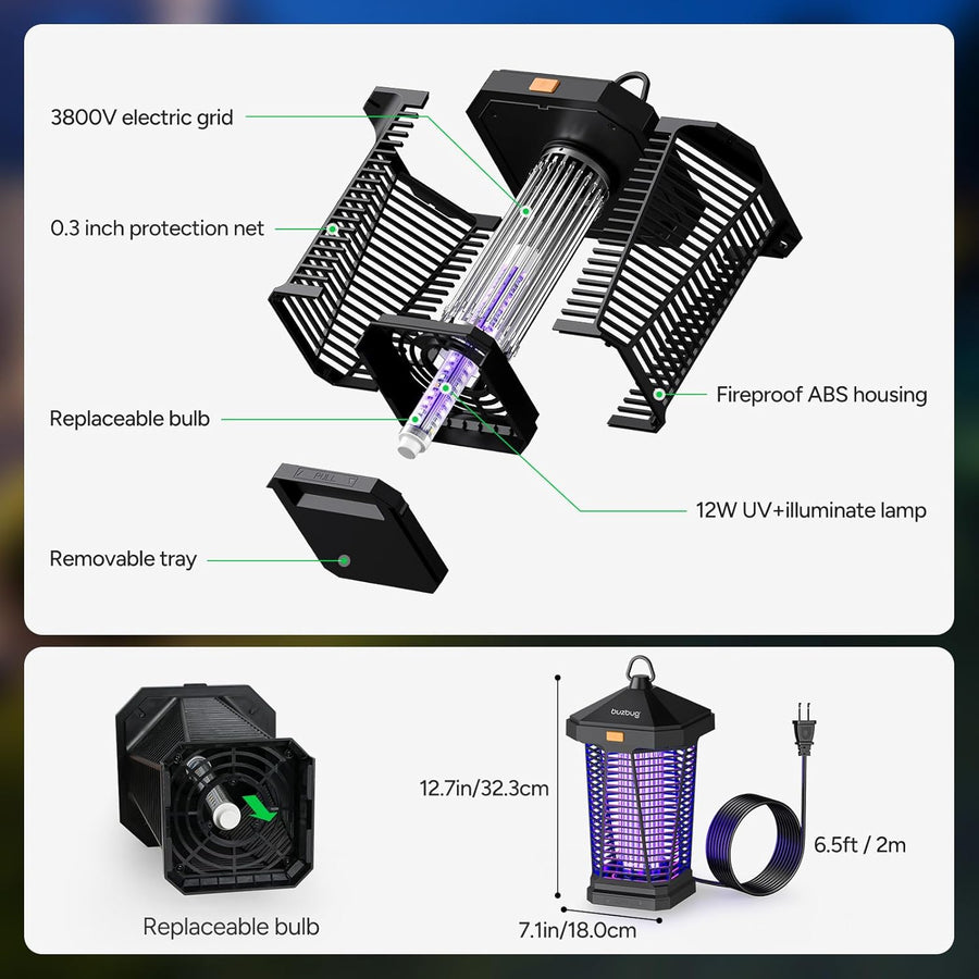 Lampe Anti-Insectes LED Extérieure avec Éclairage, Longévité de 10 Ans, Étanche IPX4, Haute Tension 3800V, Câble d’Alimentation de 2 m, Anti-Moucherons, Moustiques